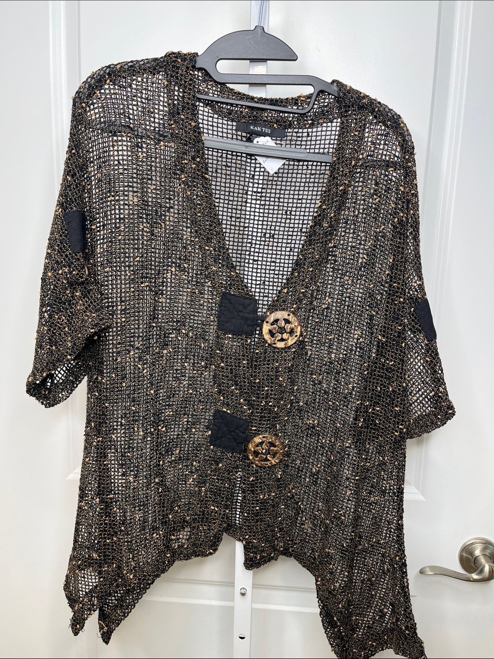 Kaktus Black Open-Weave Gold Thread Button Cardigan Large